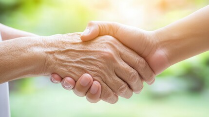 A young hand gently shakes an elderly hand, symbolizing connection and support, AI