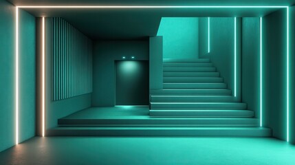 Obraz premium Modern green geometric Interior with Neon Lighting. Empty Room for Product Presentation