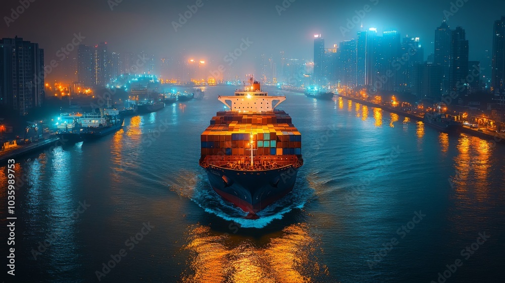 Poster a large container ship moves through a river surrounded by a vibrant cityscape at night, with lights