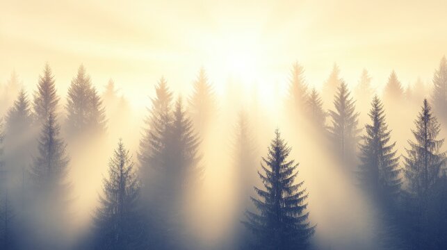 Sunbeams Through Misty Forest