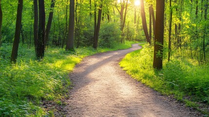 Obraz premium Sunlit Path Through a Green Forest