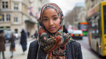 Fototapeta premium Urban portrait of woman in vibrant hijab amidst city life, World Hijab Day