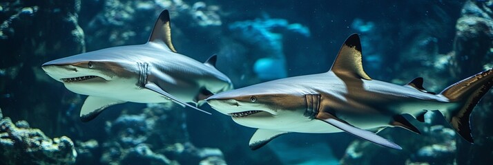 Fototapeta premium Two Sharks Swimming Underwater: A Close-Up View