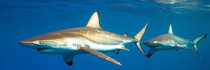 Obraz premium Two Sharks Swimming in Blue Water - Underwater Wildlife Photography