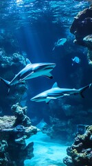 Two Sharks Swimming Near Coral Reef in Blue Ocean
