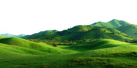 Green grass fields and mountains isolated on a transparent background. 