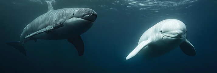 Shark and Beluga Whale Encounter Underwater