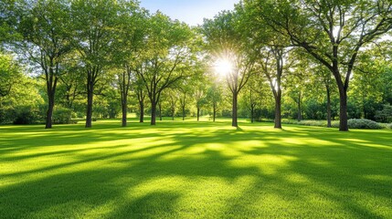 Tranquil Green Meadow with Sunbeams Filtering Through Trees