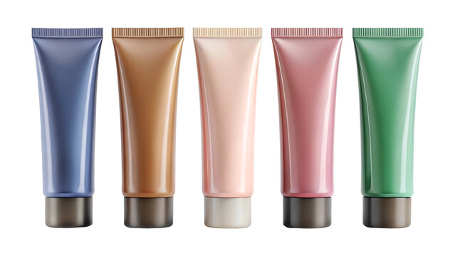 Set of different colors of cosmetics product tubes mockup isolated on transparent background