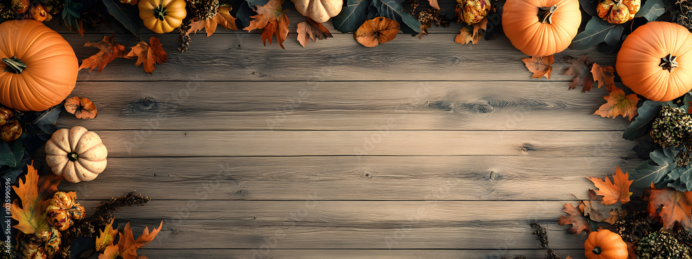 Wall mural Empty wooden floor or table made of old oak planks with pumpkins and autumn leaves top view. Halloween or Thanksgiving mock up for design and product display