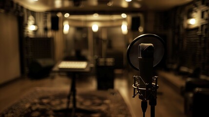 Close-up of microphone on stand in soundproof recording studio, positioned in front of script stand, symbolizing voice acting and audio production.