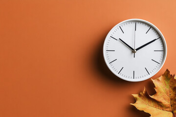 White clock on orange background with autumn leaf. Summer time end and fall season coming. Clock turn backward to winter time. Autumn equinox. Daylight saving time ends