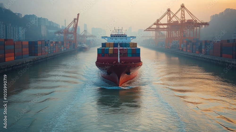 Poster a cargo ship makes its way down a waterway flanked by towering stacks of shipping containers. early 