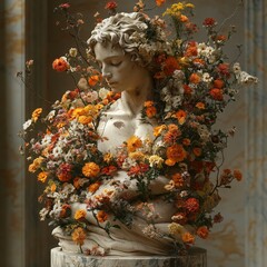 Greek Goddess Sculpture with Blooming Tree