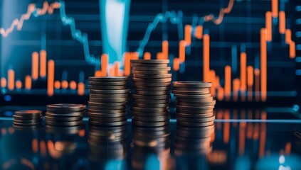 Stacked Coins Representing Financial Growth and Investment Against a Backdrop of Stock Market Charts and Economic Trends.