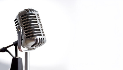 Fototapeta premium Vintage metal microphone on side position provides copy space for text. background concept isolated white