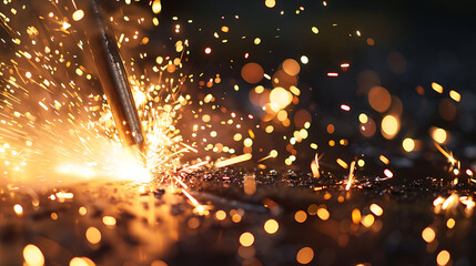 Close-up of a welding torch with sparks flying off the metal.