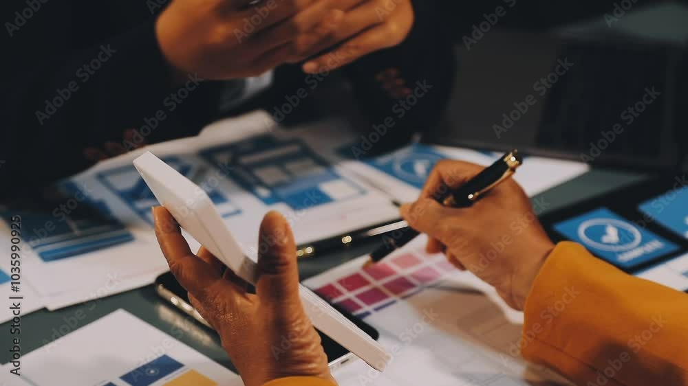 Wall mural designers drawing website ux app development. user experience concept.