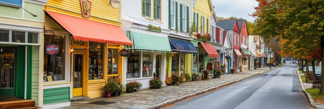 A quaint and vibrant small town street lined with colorful shops, showcasing the charm and appeal of a close-knit community. The scene is brimming with warmth, inviting visitors to explore its unique 