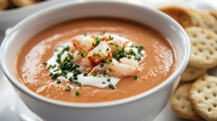 A delightful bowl of lobster bisque garnished with chopped chives and a drizzle of cream, Lobster bisque bowl centered, Soft natural lighting accentuating the richness