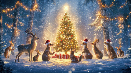 Woodland animals celebrate Christmas with joy and laughter in an enchanted forest during a snowy night
