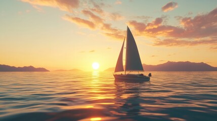 Fototapeta premium Serene sunset sailing: tranquil scene of sailboat on calm waters at dusk