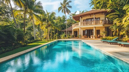 Fototapeta premium Serene tropical villa with turquoise pool surrounded by lush palm trees and vibrant greenery in Samana, Dominican Republic landscape.