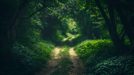 Obraz premium A dirt path through a dark, lush forest.