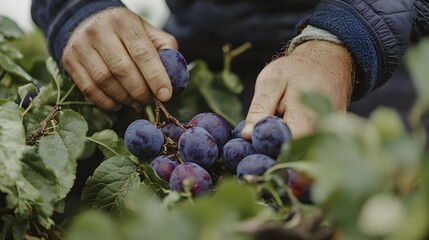 Plum Harvest: A farmer gently plucking plums from the branches, their vibrant colors contrasting against green leaves. 