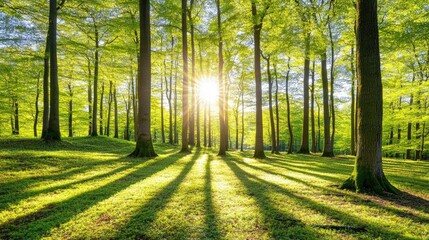 Obraz premium Sunbeams Through the Trees in a Lush Green Forest