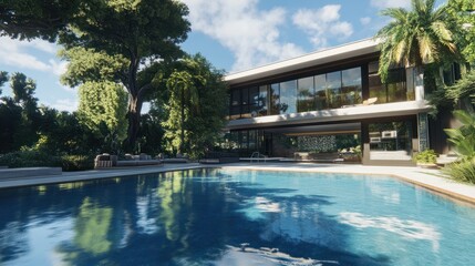 Fototapeta premium Sleek modern home with large swimming pool and lush garden, perfect for relaxation and luxury living.