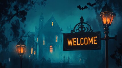 A spooky welcome sign illuminated by a flickering lamp in front of a mysterious, fog-shrouded mansion. The sign invites guests to a Halloween celebration, full of mystery, magic, and spooky surprises.