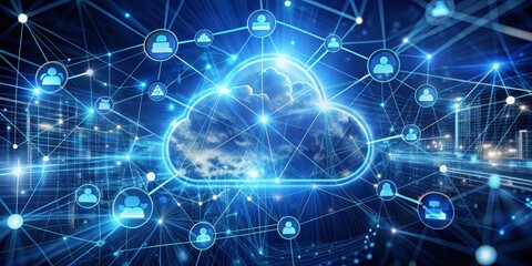 Obraz premium Cloud Network with Connected User Icons, cloud computing, network security, digital transformation
