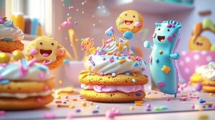 Obraz premium Colorful cookies with frosting and sprinkles in a kitchen.