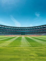 Obraz premium A vast, empty baseball stadium stands under a clear blue sky, symbolizing potential, anticipation, and the quiet before the game. The manicured field suggests meticulous preparation, and the empty se
