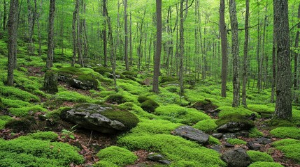 Lush Green Forest Floor with Moss and Rocks