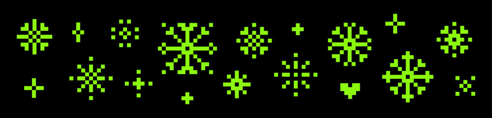 Snowflakes pattern. Set of y2k pixel icons. Game abstract elements. Green. Christmas pattern. Mood of 90's. 8 bit editable vector illustration in pixel art style. Xmas. Simple geometric shape