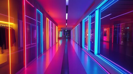 Fototapeta premium A vibrant corridor lined with colorful neon lights creates an exciting and immersive shopping experience, blending modern architecture with playful illumination.