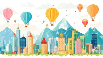 Obraz premium A vibrant illustration depicting a city skyline with colorful buildings, hot air balloons floating overhead, and snowy mountains in the background. This image symbolizes urban growth, adventure, and t