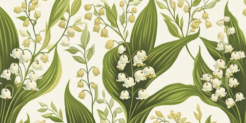 A beautiful floral pattern featuring delicate lily of the valley flowers. The design showcases vibrant green leaves and white blooms. Perfect for textiles, wallpaper, or decor. AI