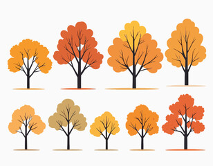 set of autumn trees isolated on a white background