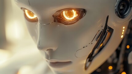 Naklejka premium Futuristic Robot Face with Glowing Eyes in Cybernetic Style