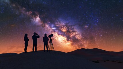 Three people observing the Milky Way on a desert hill at twilight. Stargazing and cosmic wonder concept. Design for poster, wallpaper, and educational material.