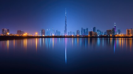 Naklejka premium Nightscape of Urban Skyline with Reflections