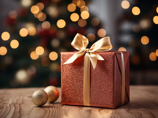 Christmas Gift Wrapped in Red with Golden Ribbon and Lights Bokeh in Background