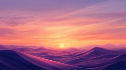 Vibrant sunset over desert dunes with wispy clouds.