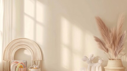 Obraz premium A cozy, minimalist nursery scene with a soft beige color scheme. There's space to add text or products, along with some cute baby toys and a bohemian rainbow decoration.