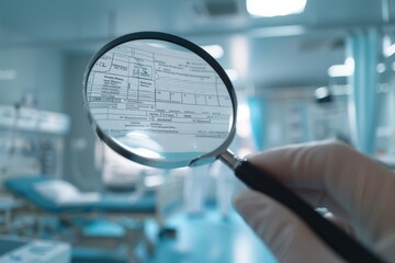 Fototapeta premium A gloved hand holding a magnifying glass over a medical chart.