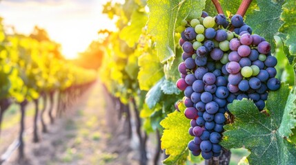 Fototapeta premium Vibrant Grapes Growing in Vineyard at Sunset
