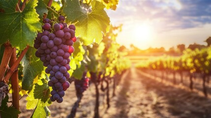 Vibrant Vineyard at Sunset with Grapes and Leaves